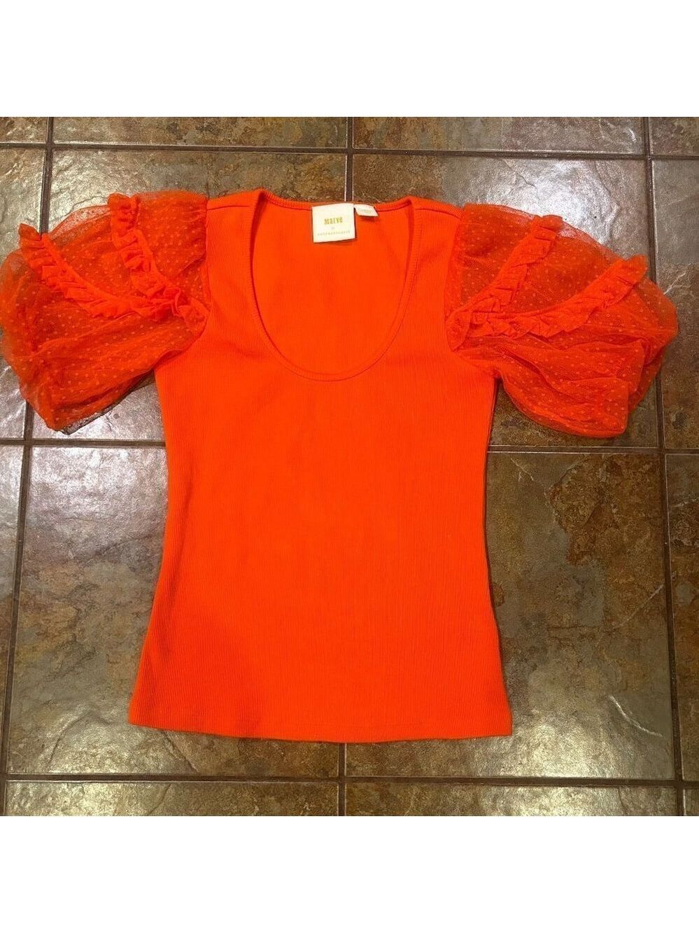 Anthropologie Maeve Womens Orange Cotton Knit Shirt w/ Tulle Sleeves Sz SML Bust